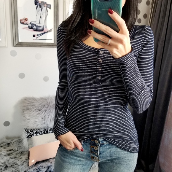 SALE Navy Stripe Henley Top Rib Knit Top - Picture 3 of 8